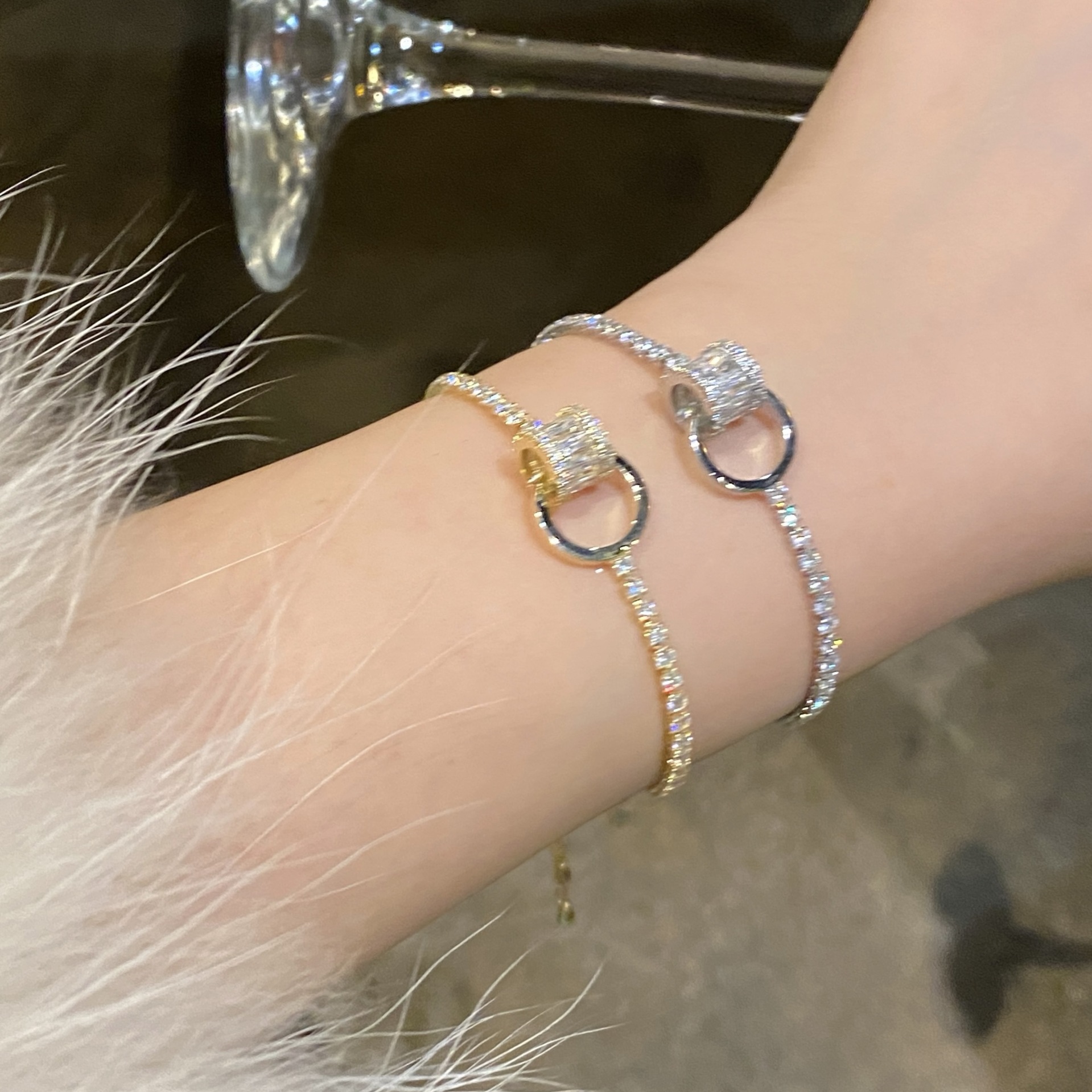 Gold - Toned CZ - Encrusted Bracelet, Square - Cut Stone & Ring Accent, Sleek Glam for Daily or Evening Styles, Chic Jewelry Accessory