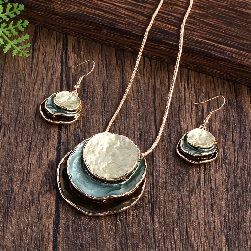 2025 necklace retro elegant casual fashion thin coating dripping oil simple enamel zinc alloy three-layer round pendant decorative jewelry set