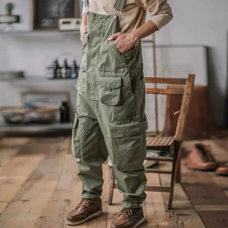 Retro American Cotton Overalls Bibs Loose Washing Jumpsuit Mens Suspenders Four Seasons Full Length Baggy Pants 250827