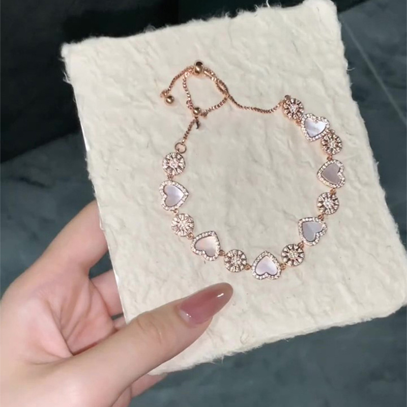 Rose - Gold - Toned Bracelet, Heart - Shaped Mother - of - Pearl & Flower - Embellished CZ Details, Romantic Charm for Daily or Elegant Styles, Adjust