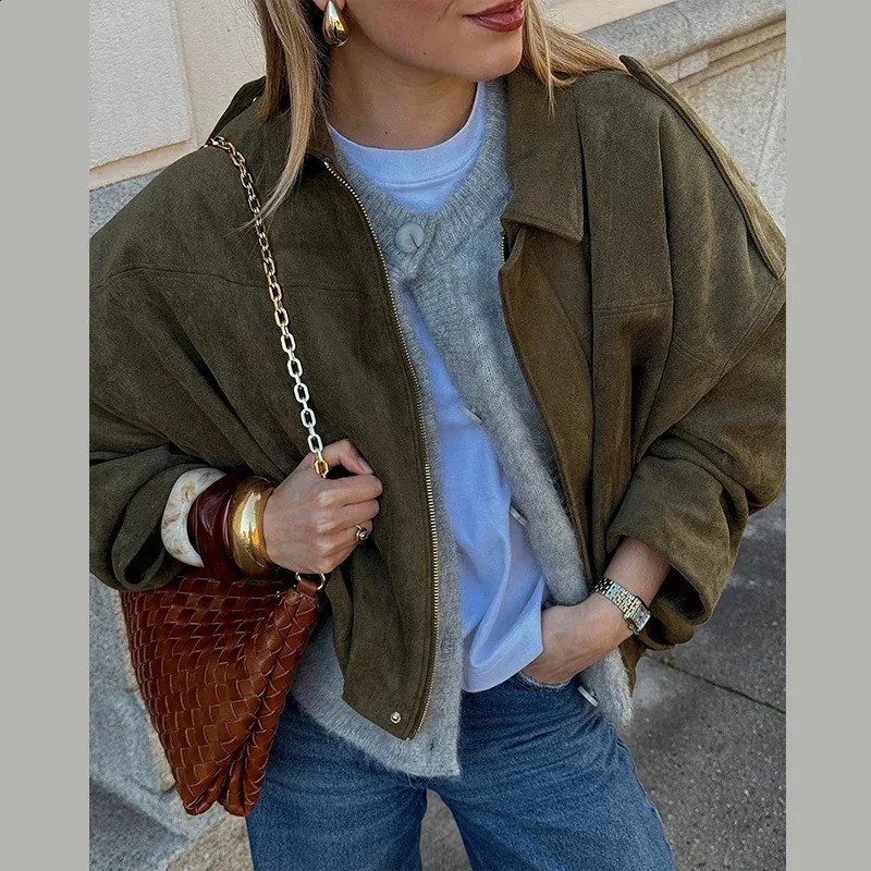Brown Green Suede Jacket Women Lapel Zipper Long Sleeve Pockets Bomber Coat 2025 Spring Autumn Lady Loose Motorcycle Outwears 250827