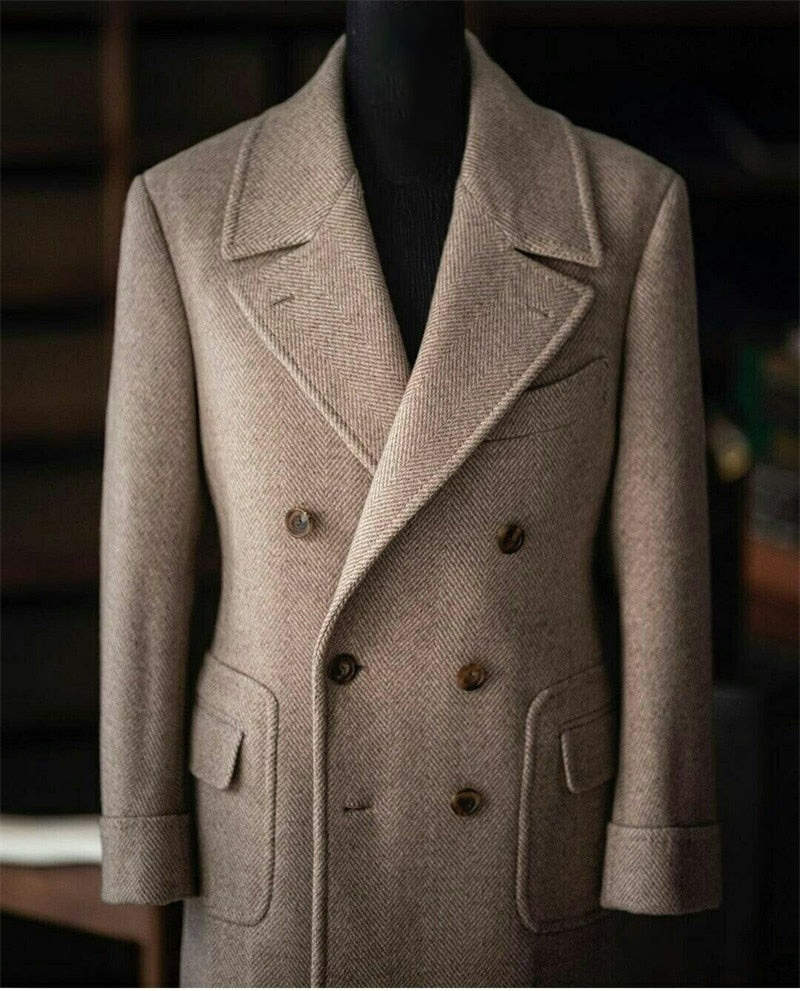Classic Men Long Coat Wool Blends Notched Lapel Trench Coats Double Breasted Warm Jacket Plus Size Business Blazers Customized