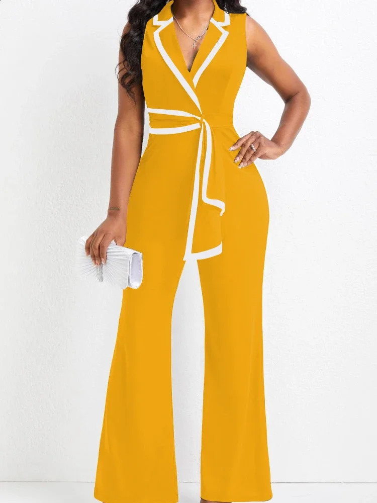 Womens Overalls Outfits Full Length Fashion Summer V Neck Elegant Sleeveless Office Lady Jumpsuit Wide Leg Pants 250827