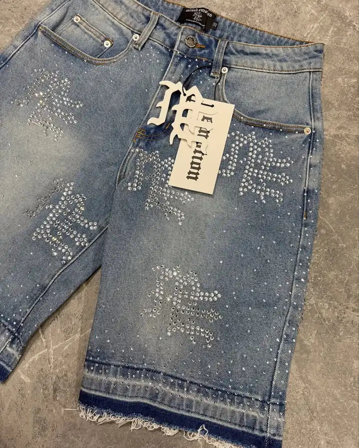 American Retro Letter Rhinestone Sequin Denim Short Y2K Jeans Men Hip Hop Retro Washed Baggy Shorts Low Waist Over The Knee Pant 250827