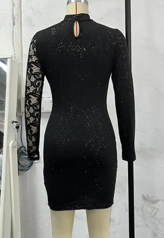 Evening Dresses for Women Elegant Sexy Party Wedding Guest Glitter Contrast Lace Cutout Long Sleeve Bodycon Mini Dress 250827
