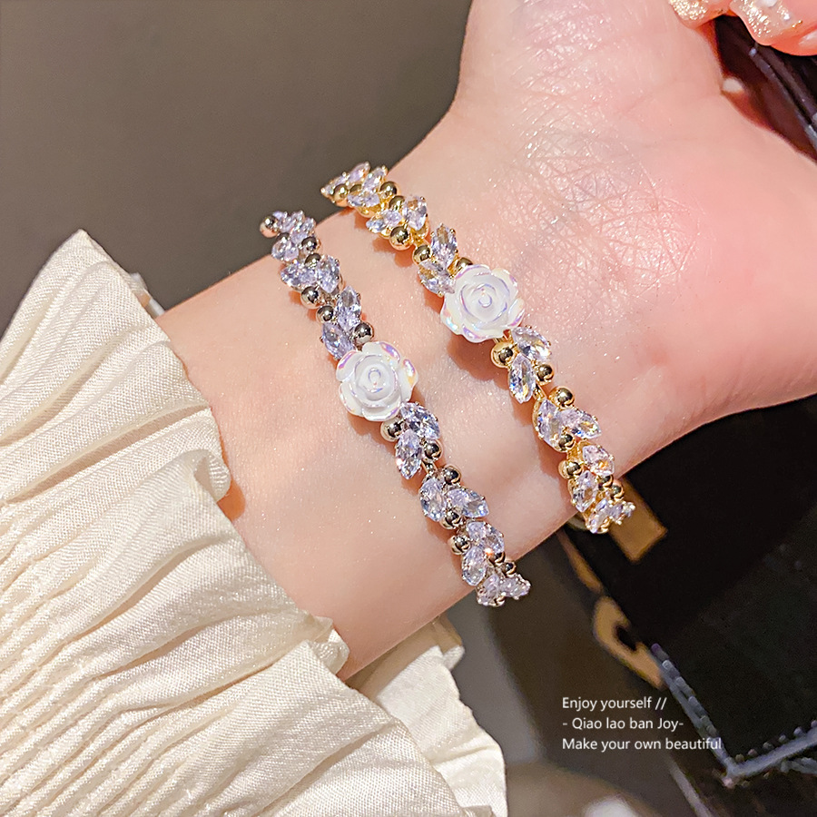 Gold - Toned Floral Cuff Bracelet, CZ - Sparkled Leaves, White Resin Rose, Romantic - Dainty Vibe for Daily or Elegant Looks, Graceful Jewelry Accesso