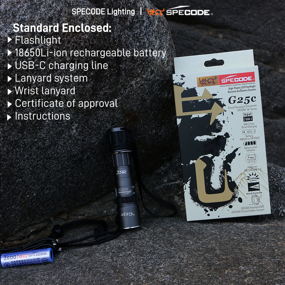 SPECODE G25c Rechargeable LED Flashlights High Lumens 8 Modes Super Bright Waterproof Cold White for Emergencies Camping Hiking Home Outdoors