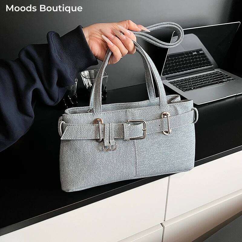 Belt Design Underarm Shoulder Bags For Women Quality Denim Fabric Pure Color Armpit Satchels 2025 Latest Designer Handbag