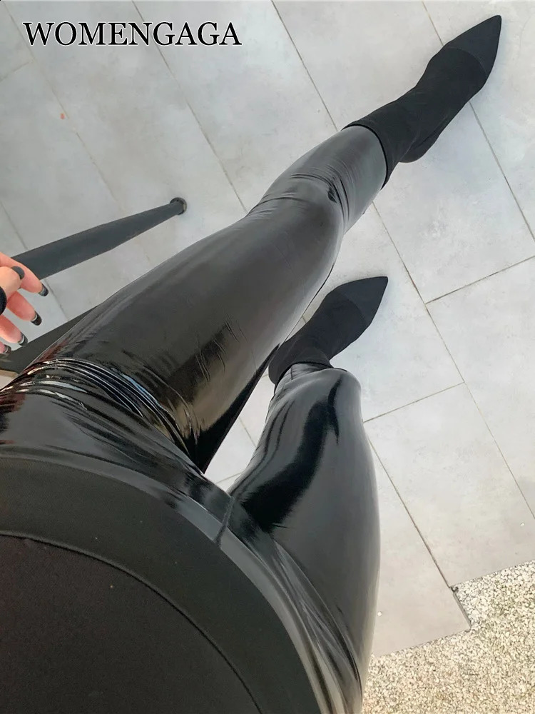 sexy WOMENGAGA slim Booty Lifting bright reflective PU black high waist elastic leather pants thin leggings korean F8BR 250827