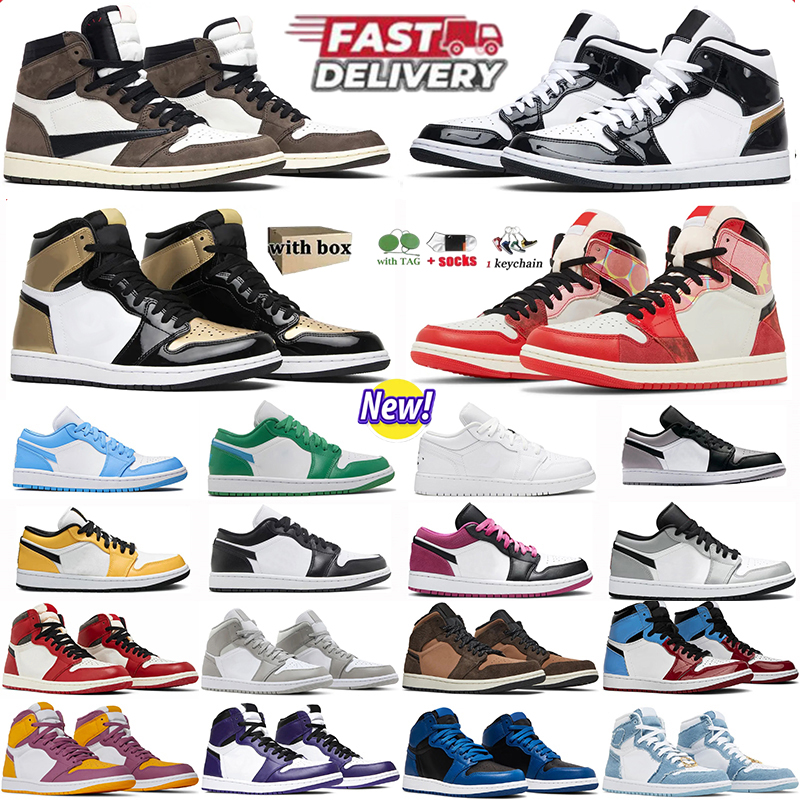Designer High Low 1s Basketball Shoes Mens Womens 1 Sneakers Black White University Blue Smoke Grey Yellow Ochre College Grey Denim Bred Toe Outdoor Trainers 36-47