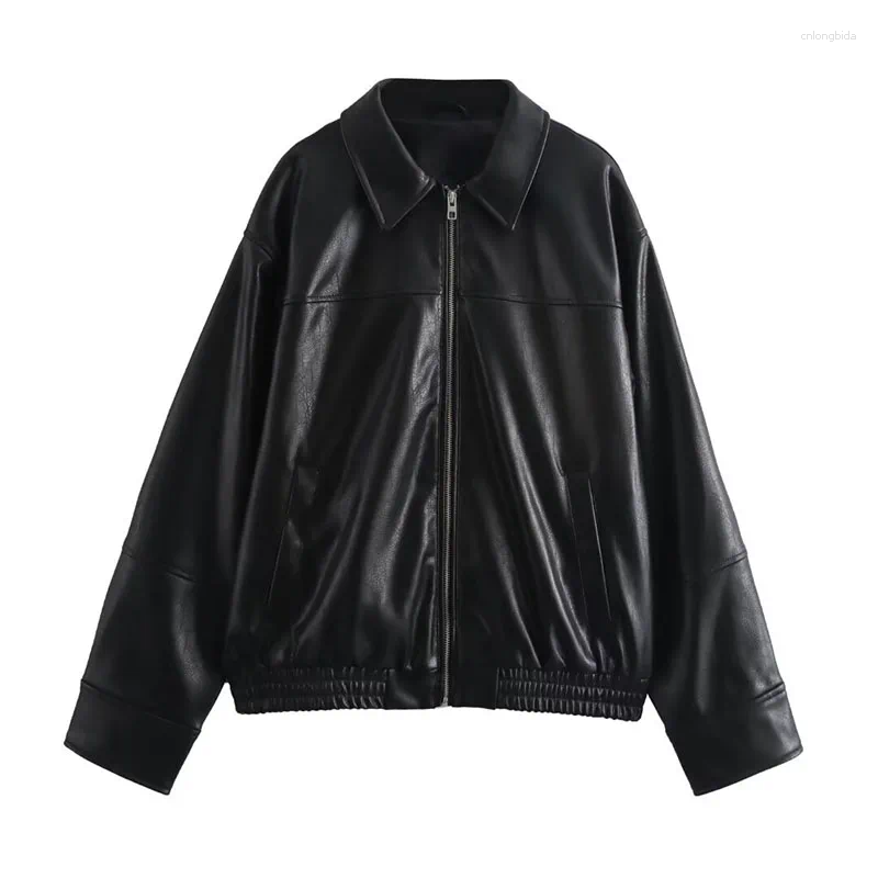 Women's Jackets Street Stand Collar Leather Jacket Loose Long Sleeve Zipper Pockets Female Coats 2025 Autumn Lady Locomotive Outerwear