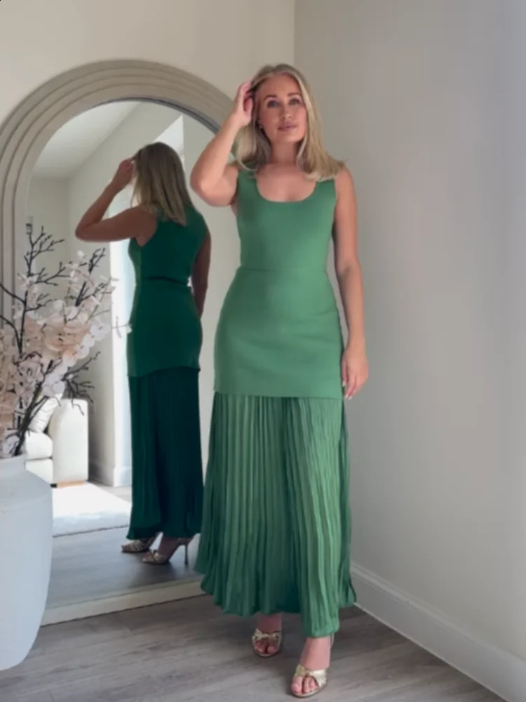 Chic Green Knitted Patchwork Pleated Midi Dress For Women Holiday Sleeveless Oneck Party Long Dress Evening Aline Vestidos 250828