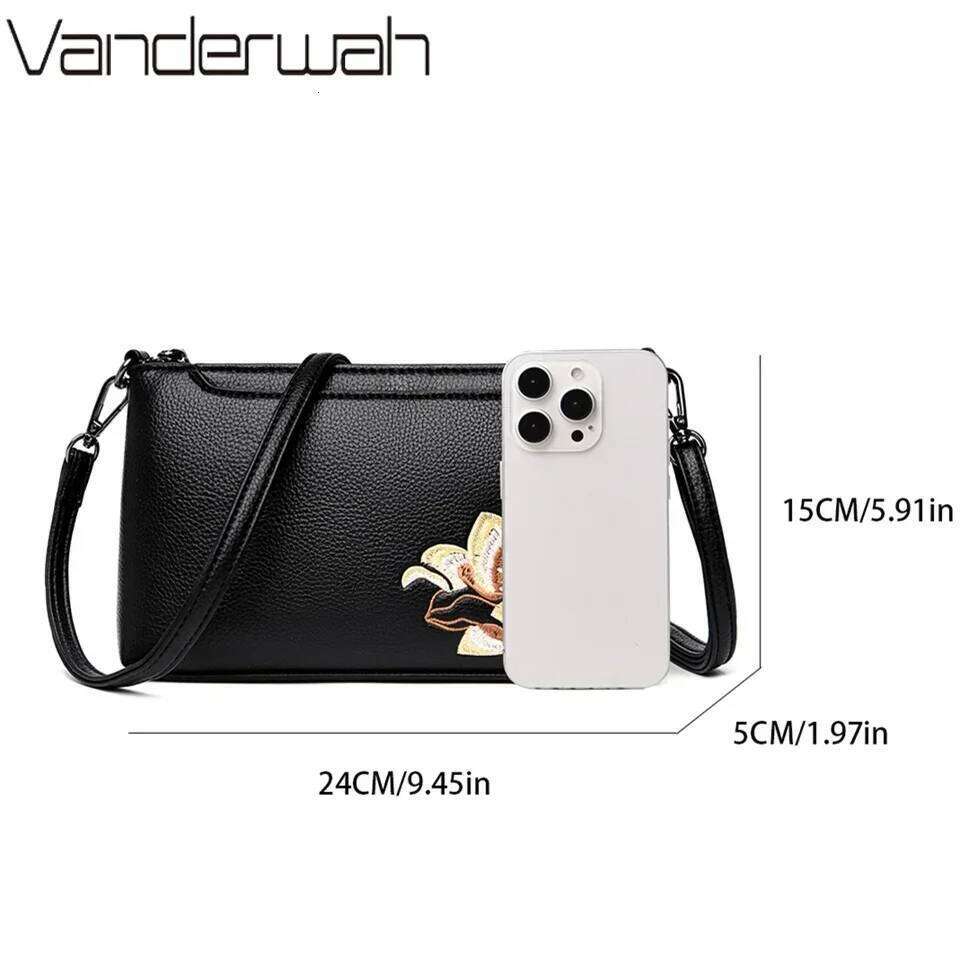 Elegant Black Leather Crossbody With Floral Embroidery Compact Versatile Shoulder Bag For Women Blend Of Style And Function