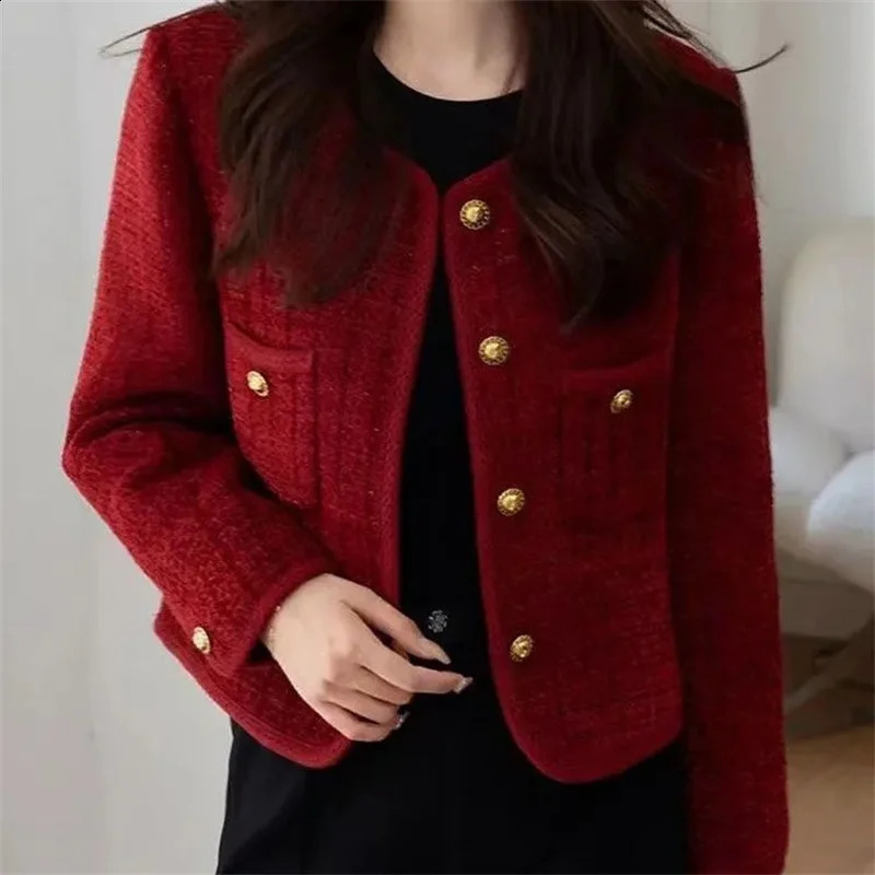 Womens Jacket 2024 Spring Autumn Red Tweed Small Fragrance Coat Short Blazers Korean Fashion Elegant Female Tops Outerwear 250827