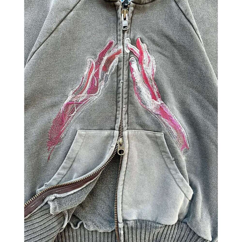 Haruku Hip Hop Goth Sweatshirt Zip Up Hoodie Y2k Plus Veet Oversized Pattern Hooded Tops Men And Women Hoodies Streetwear