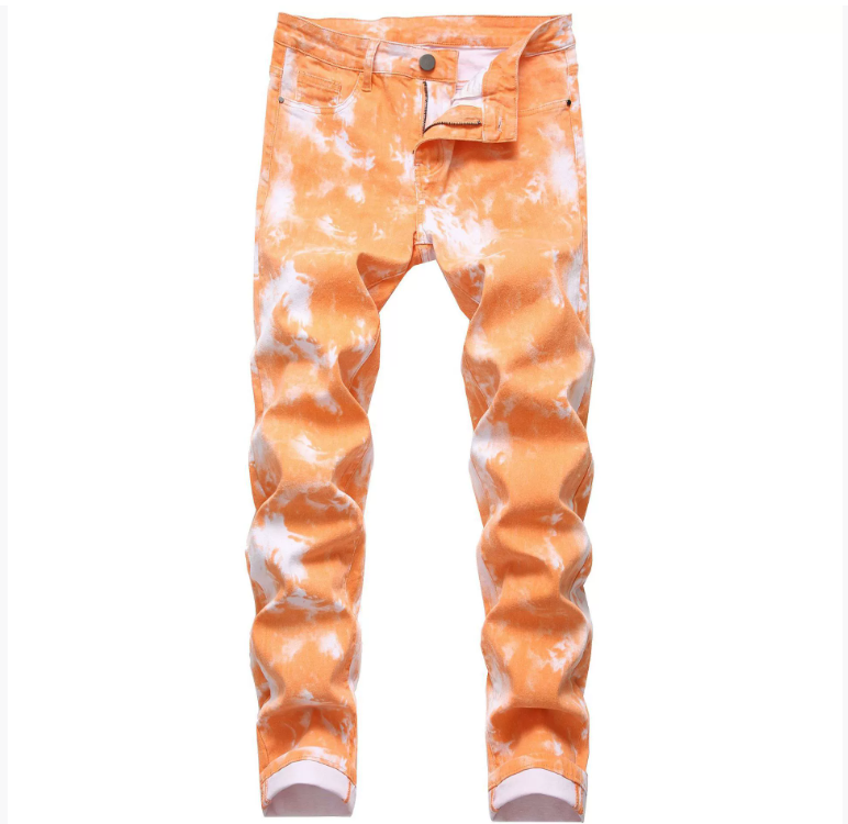 Men's Jeans Fashion Skulls Printed Men Trend Red Slim Denim Pants