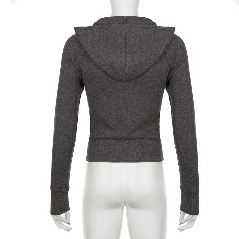 Grunge 2000s Ribbed Hoodies Zip Up Hooded Sweatshirt for Women Autumn Casual Full Sleeve Coats Women y2k Vintage Outfits 250828