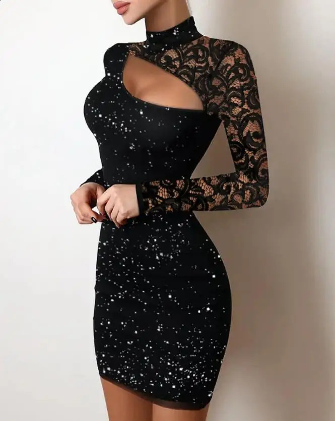 Evening Dresses for Women Elegant Sexy Party Wedding Guest Glitter Contrast Lace Cutout Long Sleeve Bodycon Mini Dress 250827