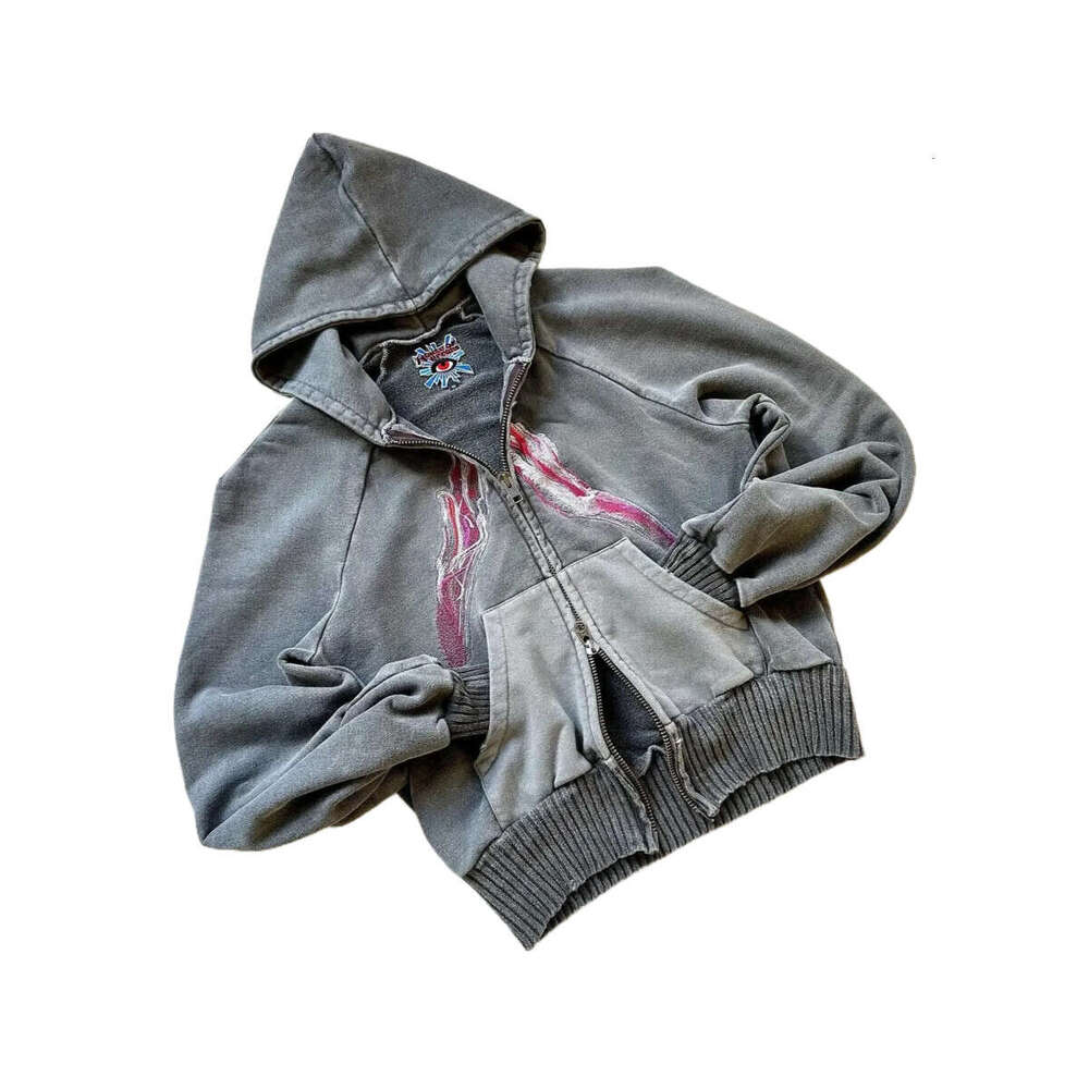 Haruku Hip Hop Goth Sweatshirt Zip Up Hoodie Y2k Plus Veet Oversized Pattern Hooded Tops Men And Women Hoodies Streetwear