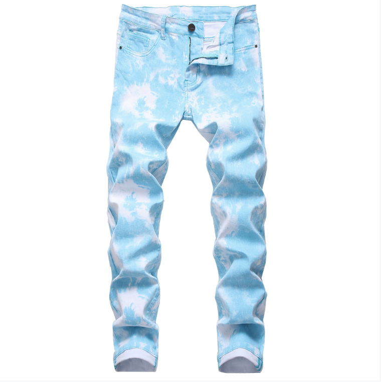 Men's Jeans Fashion Skulls Printed Men Trend Red Slim Denim Pants