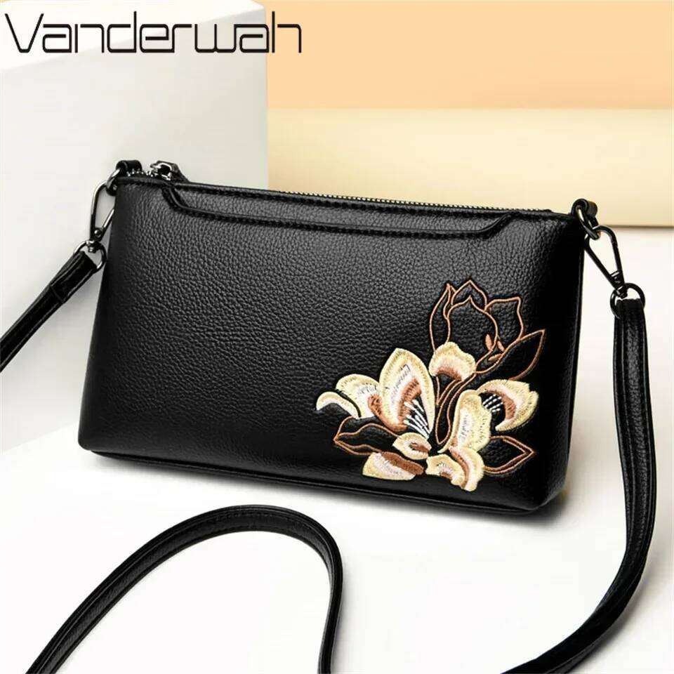 Elegant Black Leather Crossbody With Floral Embroidery Compact Versatile Shoulder Bag For Women Blend Of Style And Function