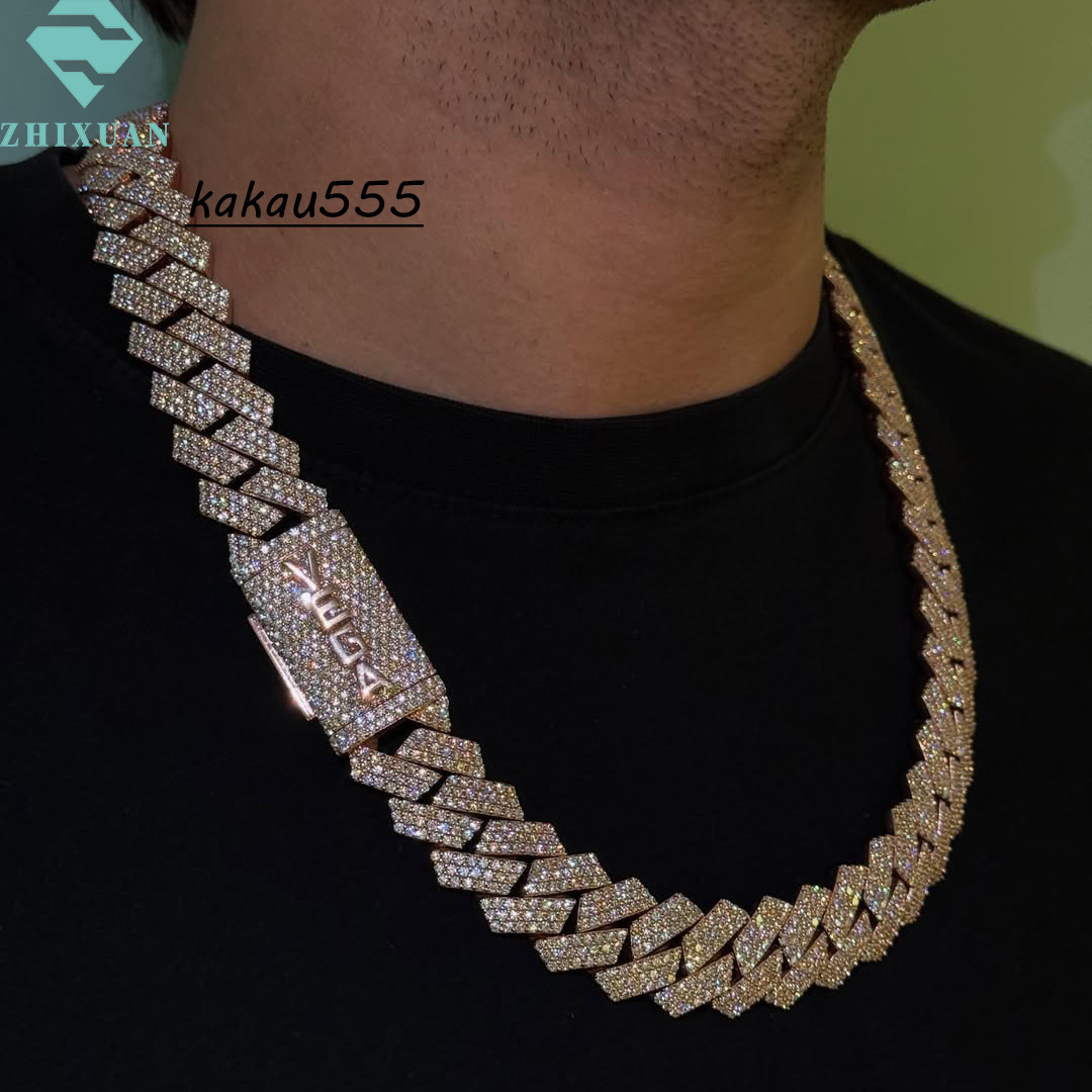 Rose God Plated Diamond Necklace 20mm 4Rows Mossanite Miami Chains S925 Silver Iced Out VVS Moissanite Cuban Link Chain