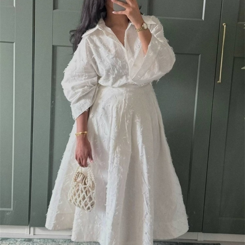 Two Piece Set Of Fringed Texture Shirt Top ALine Skirt Women Silhouette Blouse Baggy Cinched Waist Pleated Long Skirts Suit 250827