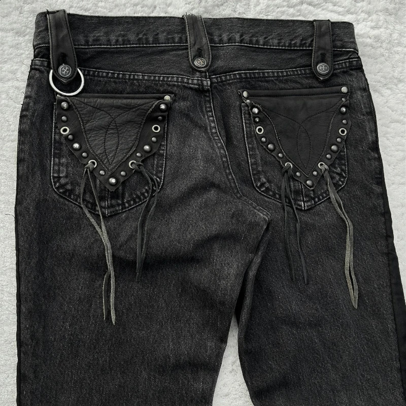 Y2K Black Washed Denim Pants Vintage Cross Leather Detail Micro Flared Jeans Punk High Street Western Cowboy Unisex Streetwear250828
