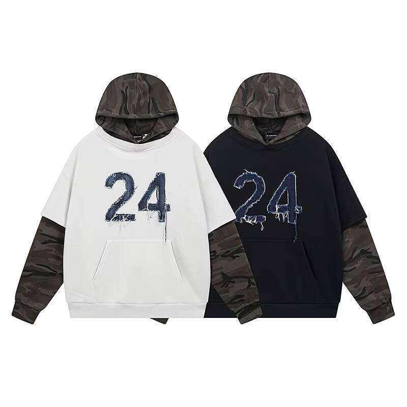 Autumn Winter Men's Retro Style Two-Piece Spliced Camouflage Fleece Hoodies Embroidered Loose Pullover Letter Sweatshirts