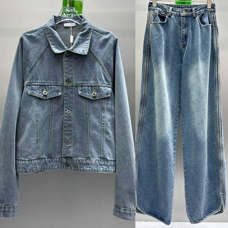 Vintage Jean Suit Designer Lapel Neck Pocket Stylish Jacket Coat Women Casual Denim Pants Outfits C260312