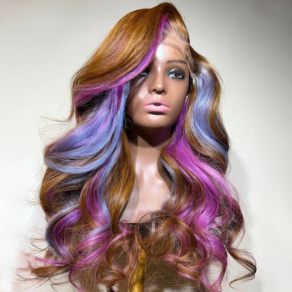 Body Wave Lace Frontal Wig Ombre Human Hair Wigs 200% Brown Purple Pink Highlight 13x4 Wavy Lace Front Wig Ready To Wear Glueless Wig Synthetic