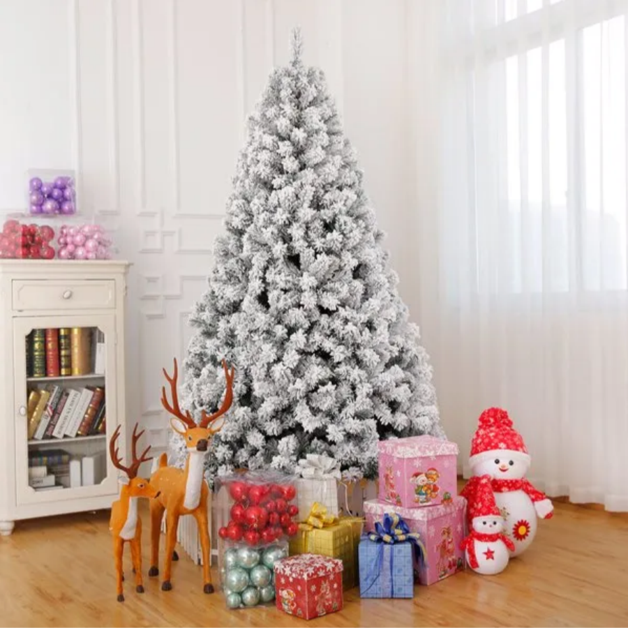 7 FT Pre-lit Snow Flocked Christmas Tree Artificial Hinged Xmas Pine Tree with 1000 Branch Tips 400 Lights and Remote Control for Holiday Party Office