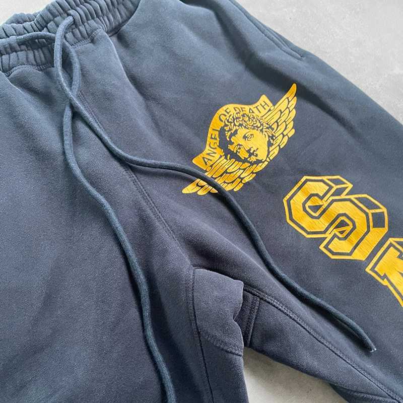 Hip Hop Cracked Graphics Print Saint Sweatpants Men Women Jogger Drawstring Casual Pants Vintage Washed Navy Blue Trousers X250828