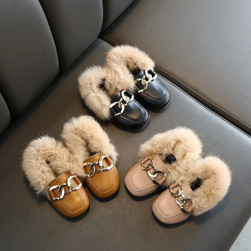 Kids Fur Shoes Children Velvet Baby Girls Warm Flats Toddler Black Princess Loafer Chain Moccasin For Winter 250828