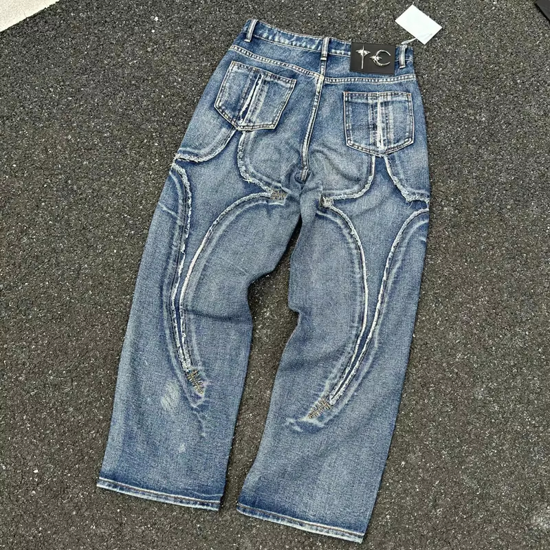 25SS NEW Jeans American Style Embroidery Pattern High Street Loose Mid-waist Men's Denim Pants