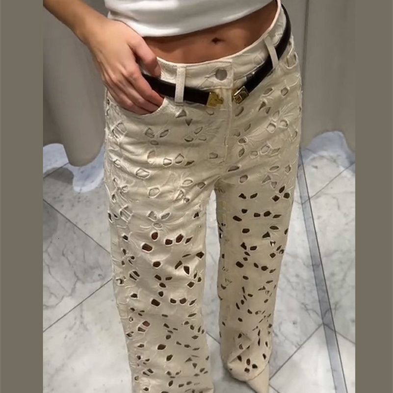 Hole White High Waist Womens Jean Fashion Flower Hollow Out Loose Female Denim Trousers 2025 Summer Autumn Streetwear Jeans Z260313