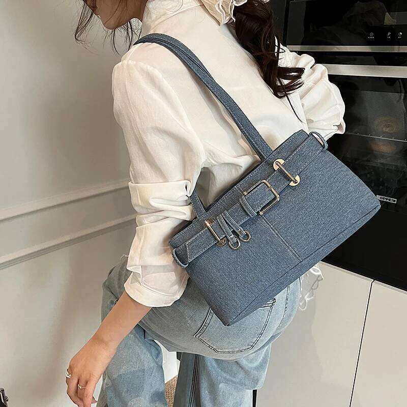 Belt Design Underarm Shoulder Bags For Women Quality Denim Fabric Pure Color Armpit Satchels 2025 Latest Designer Handbag