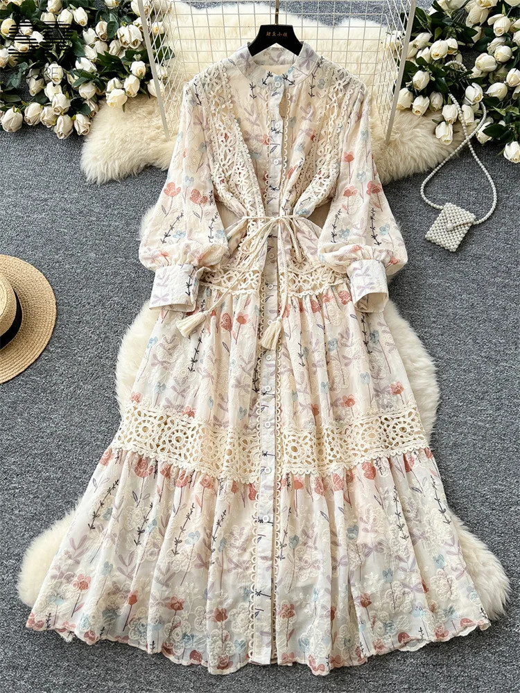 SINGREINY Senior Floral Long Dresses Women Lantern Sleeve O Neck Lace Up Single Breasted High Quality Court Print Dress 250827