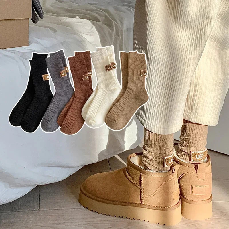 3 Pairs Winter Socks Womens Wool Cashmere Solid Warm Thickened Pile Socks Embroidered MidCalf Socks Casual Snow Boot Sock 250827