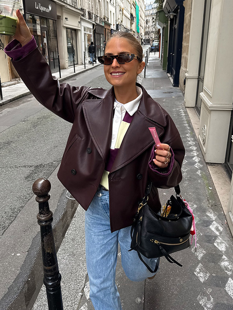 Fashion Double Breasted Burgundy Color Leather Jackets Women Chic Cropped Oversized Solid Coats Lady High Streetwear 241106