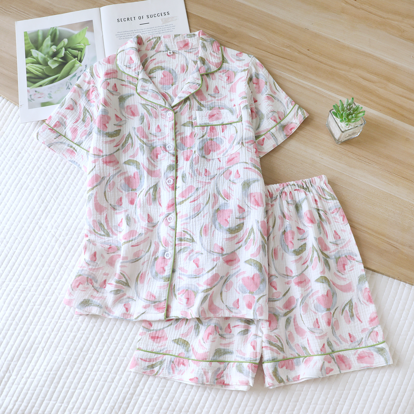 New summer gauze sleepwear set, women's short sleeved shorts, casual two-piece set, summer cotton yarn crepe fabric home wear