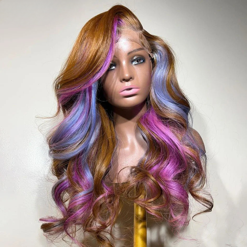 Body Wave Lace Frontal Wig Ombre Human Hair Wigs 200% Brown Purple Pink Highlight 13x4 Wavy Lace Front Wig Ready To Wear Glueless Wig Synthetic