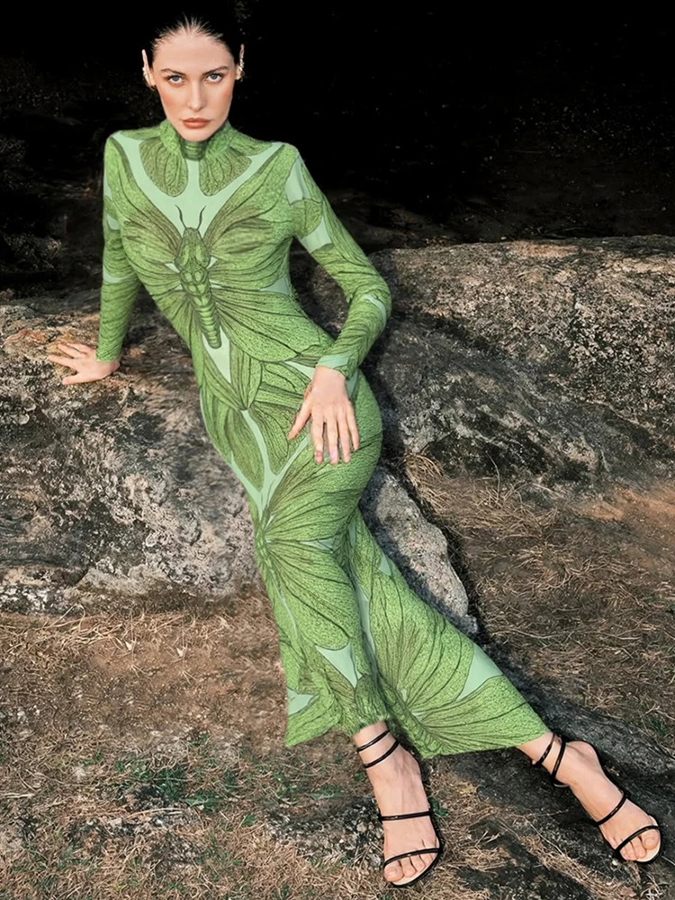 Weird Puss Sexy See Through Women Dress Long Sleeve Elegant Stretch Skinny Midnight Clubwear Bodycon 250828