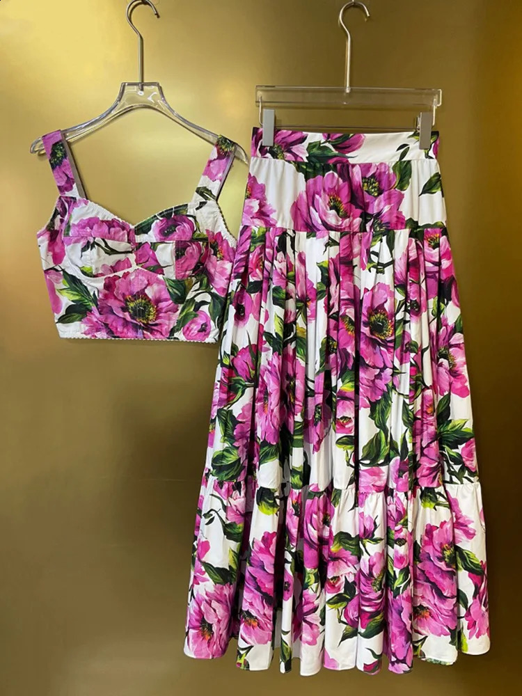 Casual Sicilian Rose 2 Piece Sets Women Summer Holiday Bohemian Beach Floral Long Dresses Crop Tops Maxi Skirts Suits Outfits 250827