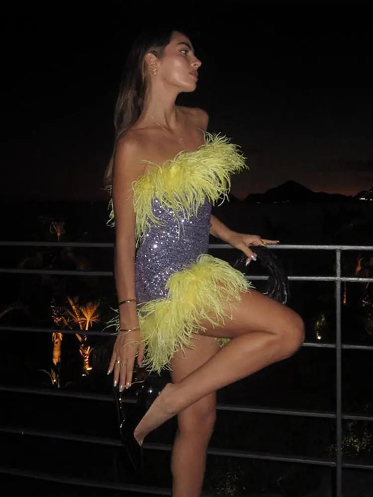 Y2k Sequins Feather Short Dress Women Sexy Sleeveless Tube Dresses Lady Elegant Beach Party Evening Robes 250828