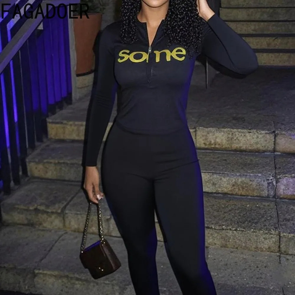 FAGADOER Y2K Streetwear Fashion Letter Print 2 Pieces Set for Woman Zipper Long Sleeves Top and Pants Female Clothing Summer 250827