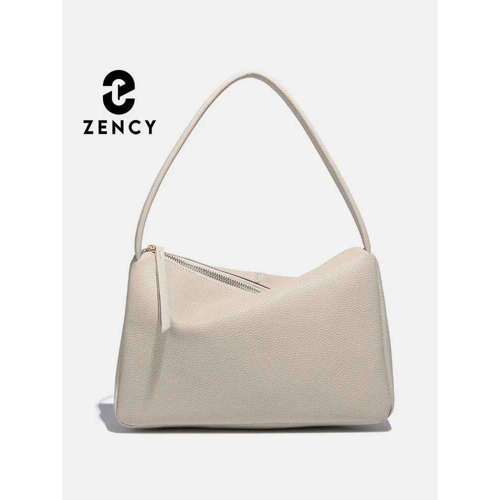 Zency Elegant Genuine Leather Top-Handle For Women Simple Shoulder Handbag Ladies Underarm Bag Beige Brown Top Zipper