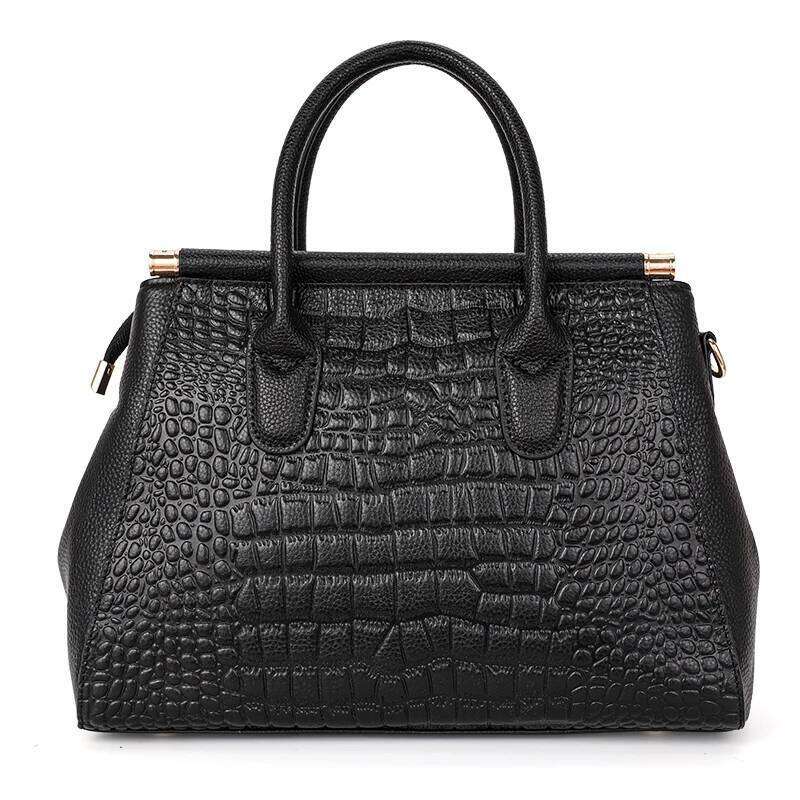 Aidrani Trendy Women's Handbag With Crocodile Pattern On The Surface Black Cowhide Large Bag