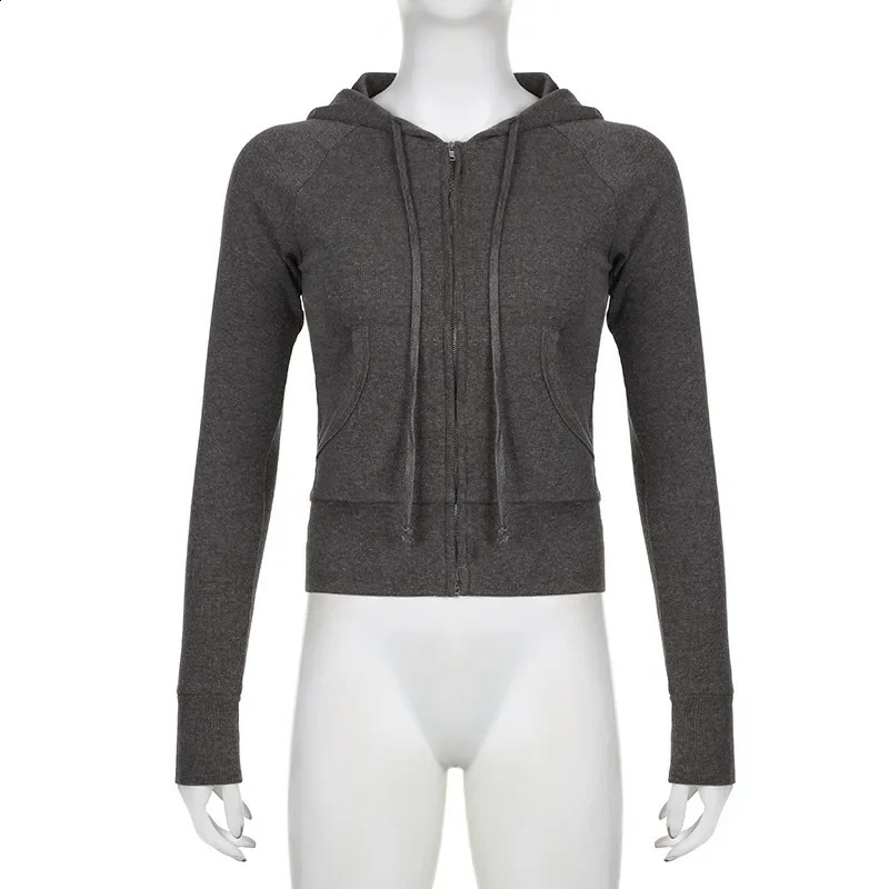 Grunge 2000s Ribbed Hoodies Zip Up Hooded Sweatshirt for Women Autumn Casual Full Sleeve Coats Women y2k Vintage Outfits 250828