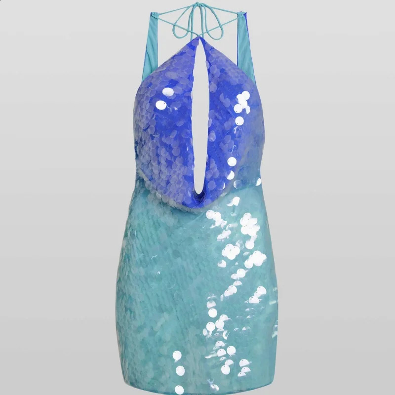 Women Sequin Sparkly Mini Dress Sexy Hollow Out Backless Y2K Halter Neck Dress Glitter Party Club Bodycon Dresses Vestido 250827